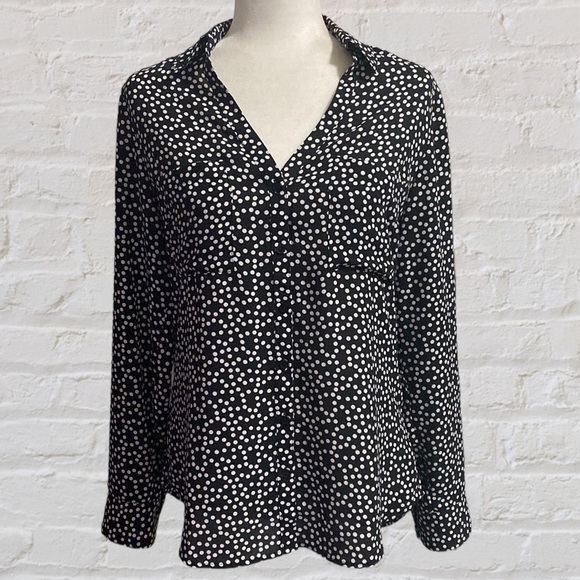 Express Black White Portofino Polka Dot V-Neck Button Up Collared Blouse Shirt - Picture 1 of 16